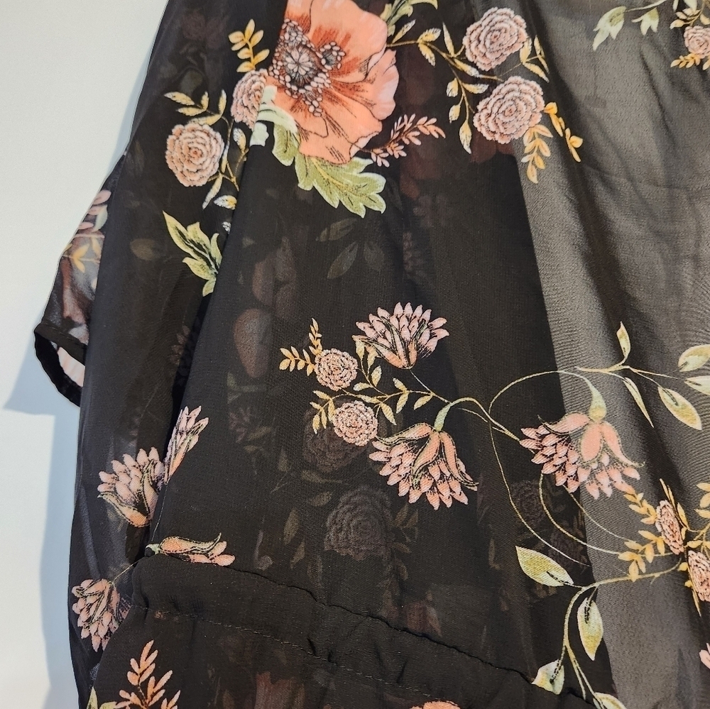 KontroL Contemporary Kimono Cover-up Black Peach Floral S Elastic Tie Waist Dark - Picture 5 of 7